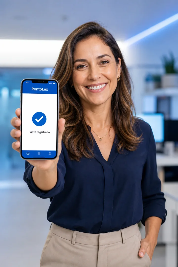 Empresária utilizando o registro de ponto no Ponto Lex